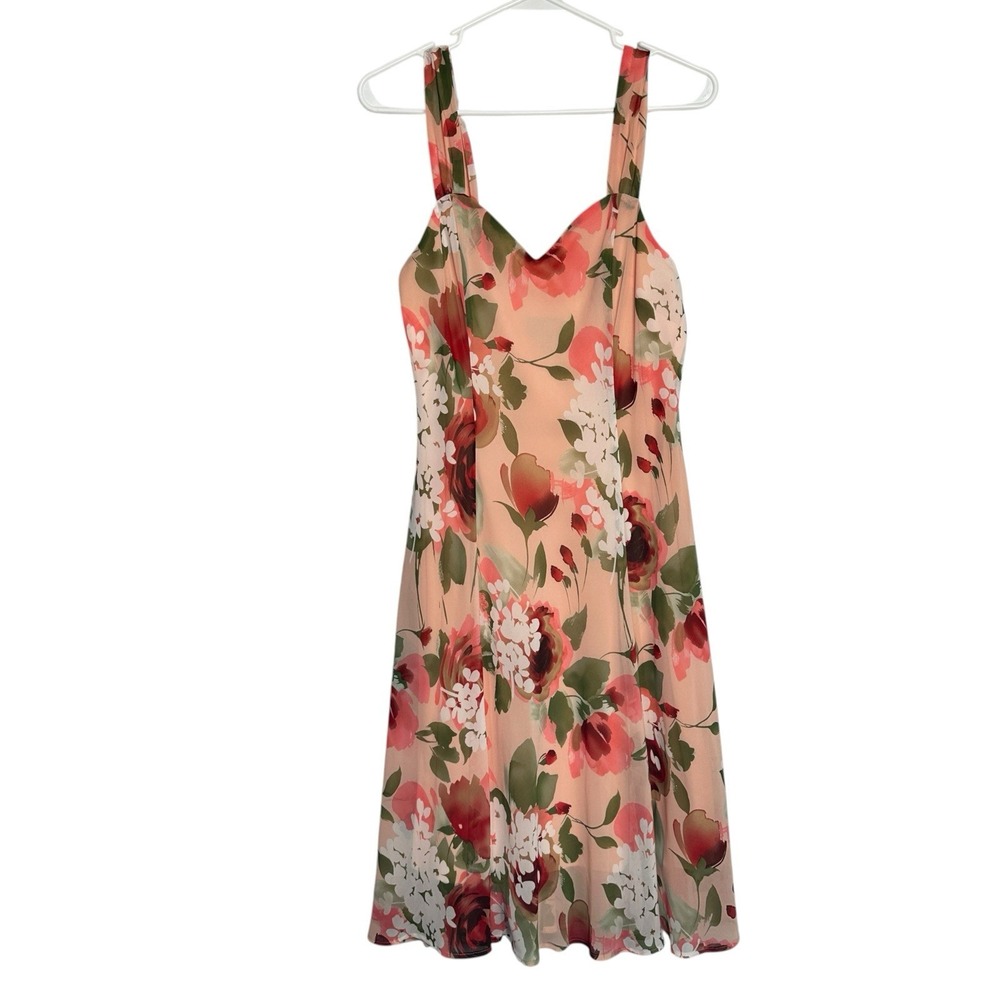 Connected Apparel Womens 14 Peach Floral Chiffon Midi Dress Sweetheart A Line